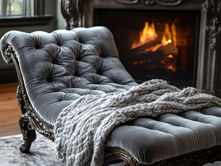Luxurious velvet chaise lounge soft knit throw elegant tufted design cozy interior warm fireplace ambiance sophisticated home decor relaxation comfort winter aesthetic classic furniture wallpaper
