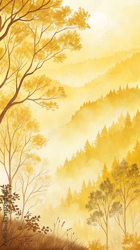 Poster a painting of a forest with trees and a sun in the background