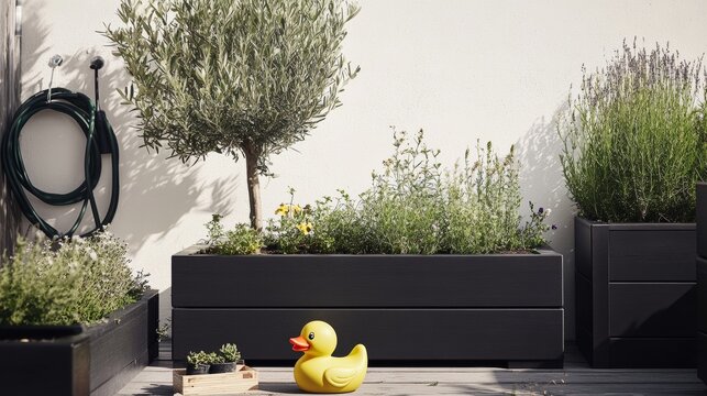 A black wooden garden bench with modern rectangular planters, one of the plants is an olive tree and another has green grasses - Powered by Adobe