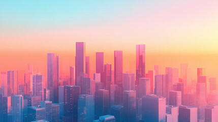 vibrant city skyline at sunset, showcasing tall buildings in shades of pink and blue. scene evokes sense of tranquility and modernity, perfect for urban themes