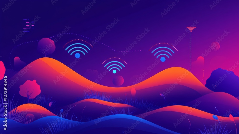 Leinwandbilder An abstract representation of Wi-Fi signals in a colorful digital landscape, with vibrant lines and shapes symbolizing the flow of data and connectivity.