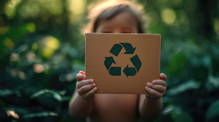 Toddler holding recycling symbol in lush forest background; environmental awareness campaign