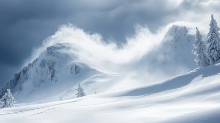 Gigapixel image of blizzard-covered mountain landscape from dramatic viewpoint