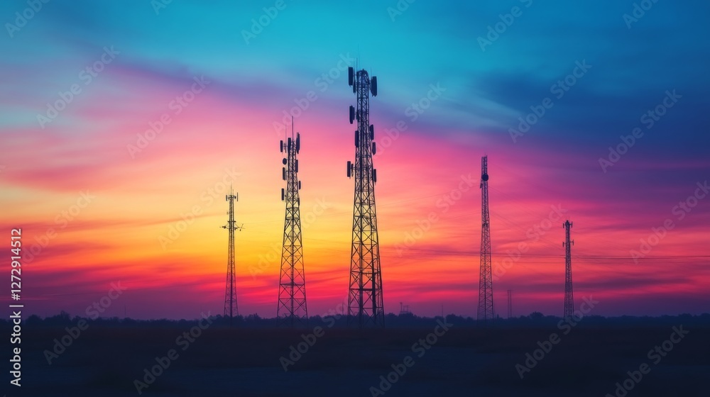 Poster an artistic composition of multiple cell phone towers lined up against the horizon, with a colorful 