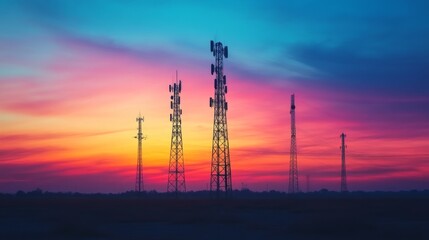 An artistic composition of multiple cell phone towers lined up against the horizon, with a colorful sunset, representing the expansion of communication networks.