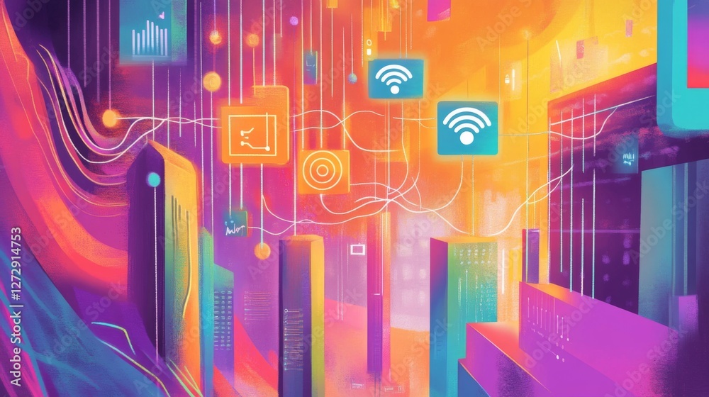 Aufkleber An artistic representation of data flowing through the air as Wi-Fi signals, illustrated with bright lines and symbols connecting various devices.