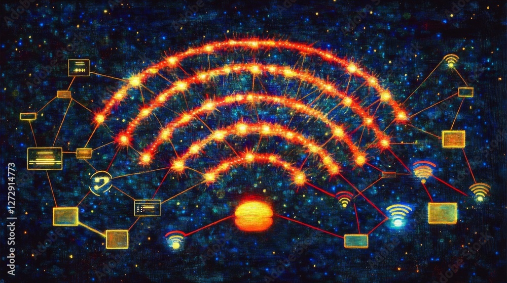 Poster an artistic representation of data flowing through the air as wi-fi signals, illustrated with bright