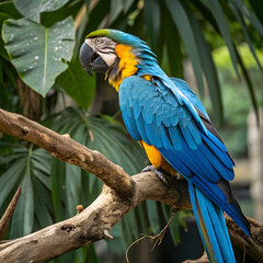 A stunning vibrant blue-and-yellow macaw with detailed feathers and lifelike textures.
