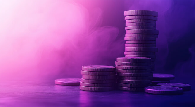 Stacks of coins with purple and pink smoky background create dramatic financial theme. image evokes sense of wealth and prosperity, perfect for finance related content