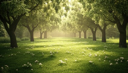 Sunny forest glade, sunlight filtering through trees