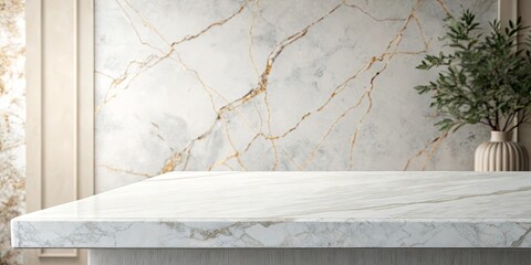 A white marble counter top with a plant on it