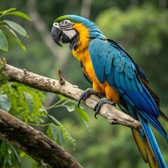 Obraz premium A stunning vibrant blue-and-yellow macaw with detailed feathers and lifelike textures.