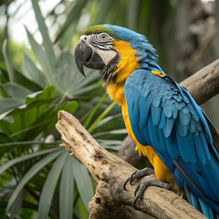 Obraz premium A stunning vibrant blue-and-yellow macaw with detailed feathers and lifelike textures.