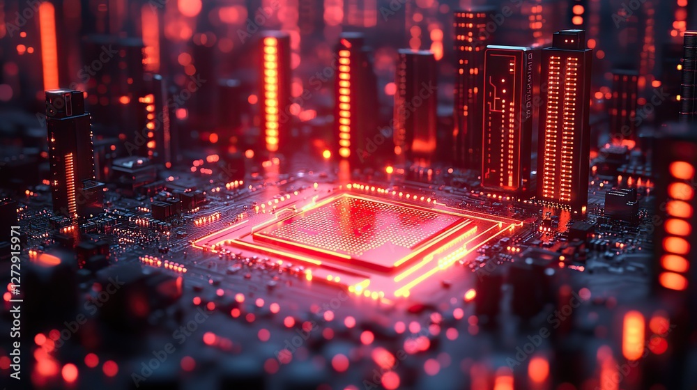 Poster futuristic digital metropolis 3d rendered circuitry,motherboard visualization information technology