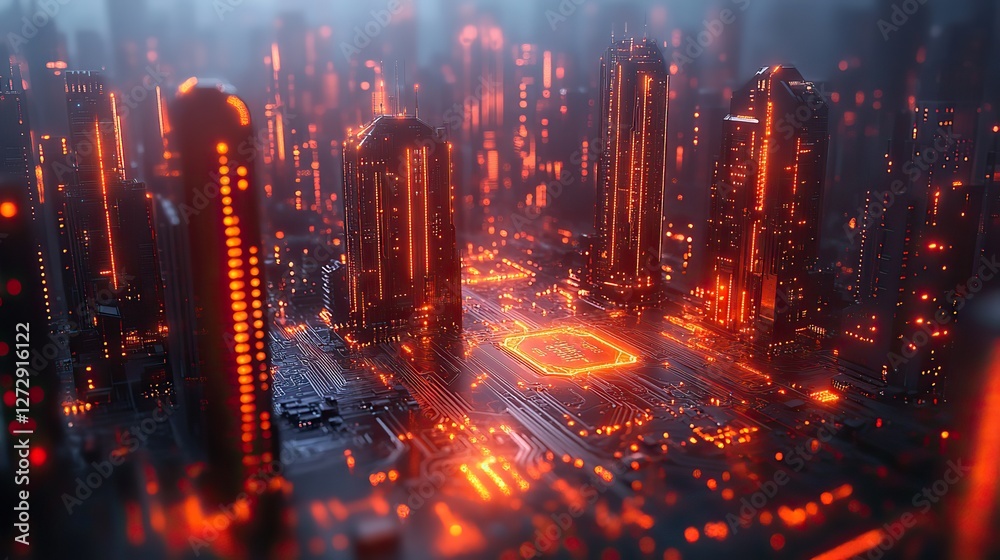 Poster futuristic digital metropolis 3d rendered circuitry,motherboard visualization information technology