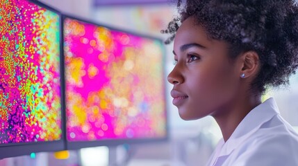Brain activity Design. Focused woman analyzing colorful data on multiple screens.