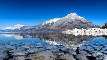 Obraz premium Calm lake reflecting snowy mountains, clear day