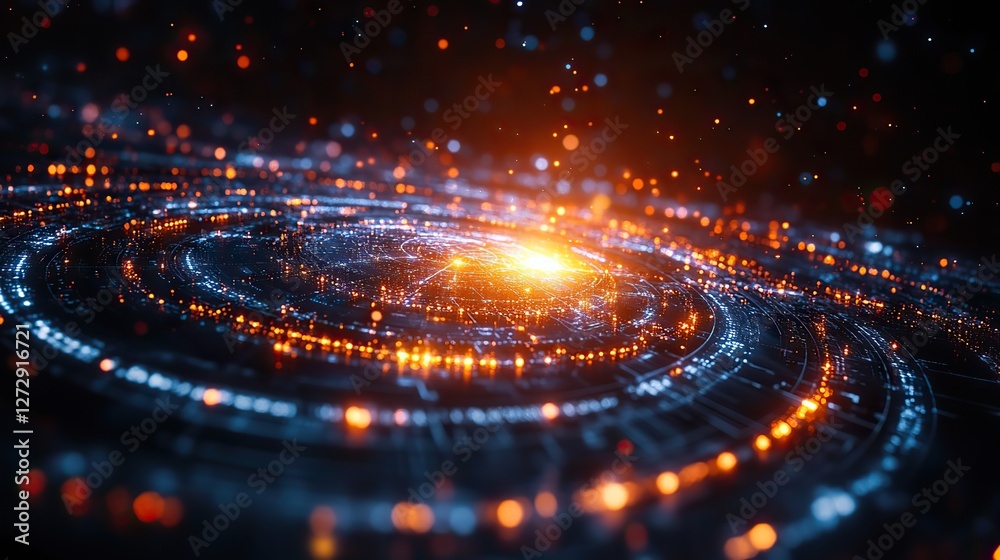 Poster futuristic hud interface showcasing blockchain technology with a global network of polygon connectio