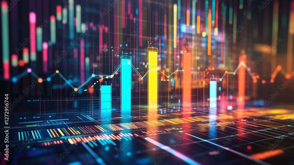 Aufkleber a d bar chart in vibrant colors representing financial growth, with glowing data points and a futuri