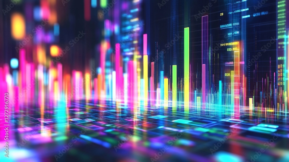 Poster A D bar chart in vibrant colors representing financial growth, with glowing data points and a futuristic digital background in a business setting.