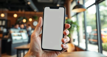 Close-up, hand holding smartphone with empty screen mockup in coffee store interior