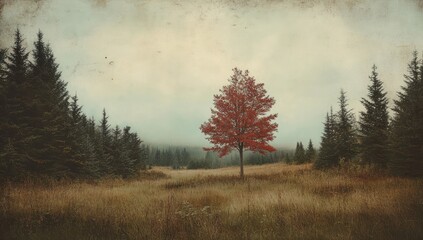 Fototapeta premium Autumnal red tree in misty forest clearing