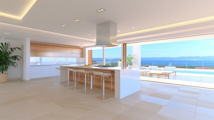 Sleek and stylish modern kitchen interior with island and bar stools in 3D rendering