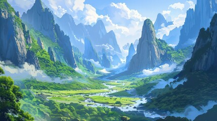 A scenic mountain valley with a river cutting through, surrounded by towering peaks 