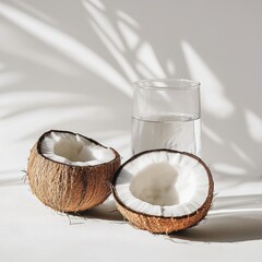 Refreshing coconut water in a glass with open coconut shells minimalist setting natural light