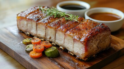 A beautifully roasted pork belly with crackling skin, served on a wooden platter with a rich sauce and seasonal vegetables for an elegant meal.
