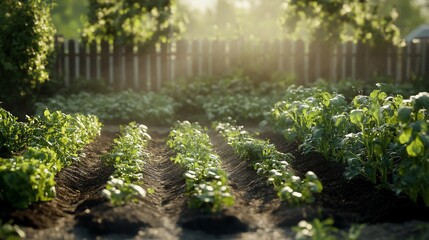 Sunrise garden rows potato plants backyard fence