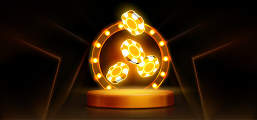 Neon poker chips flying above yellow stage on black background. Vector realistic illustration of gambling app banner with round podium and bright illumination, betting platform ads, vip slots club