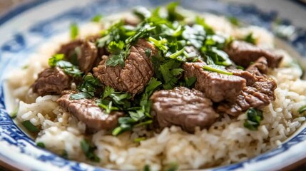 A beautiful image of beef rice garnished with fresh herbs and served on a decorative plate, emphasizing the dishs inviting appearance and gourmet appeal.