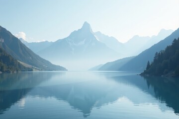 Naklejka premium Serene Mountain Lake Reflection A Tranquil Vista of Misty Peaks and Still Waters