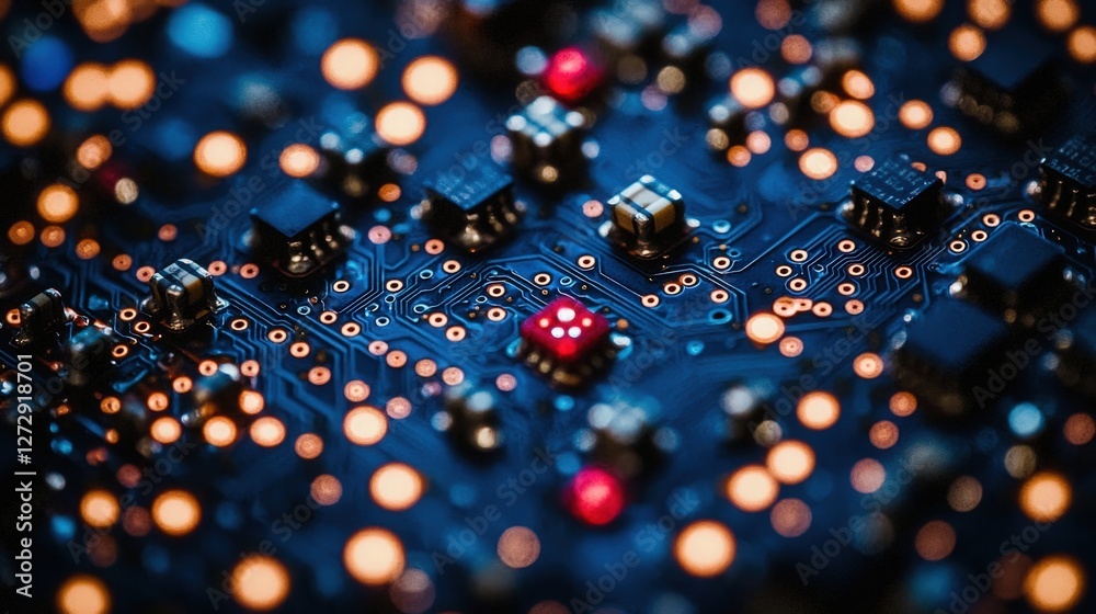 Poster closeup macro image of a complex circuit board illuminated by multiple colorful lights