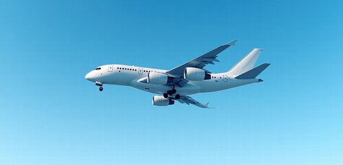 Obraz premium A modern commercial aircraft in mid-flight against a clear blue sky, symbolizing air travel, adventure, and connectivity.