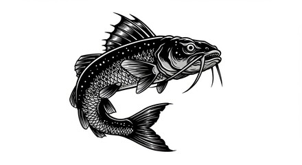 Fototapeta premium Black and white illustration of a catfish swimming gracefully in clear water, showcasing its detailed features