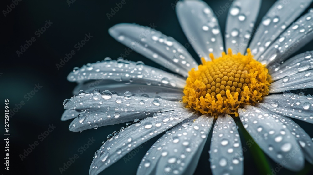 Poster a captivating close-up of a delicate daisy with water droplets, showcasing the intricate details of 