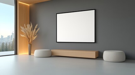 Contemporary Living Room Interior with Empty Frame on Wall, 3D Render