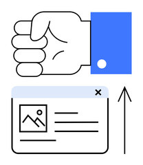 Hand clenched in a fist, document with image and text, and upward arrow. Ideal for productivity, task completion, submission, business, efficiency workflow automation and progress. Line metaphor