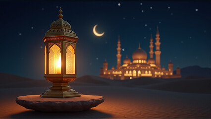 Fototapeta premium Luminous decorative metal lantern, Arabic accessories and decorations, Islamic art, traditional Islamic antiques to celebrate the coming of the month of goodness, lights and decorations islam