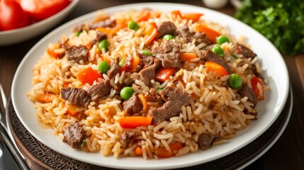 A captivating shot of beef rice being plated, with vibrant vegetables and garnishes artfully arranged around the dish, highlighting the attention to detail in presentation.