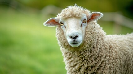 Obraz premium Close-Up of a Fluffy Sheep with Soft Wool in Natural Green Background