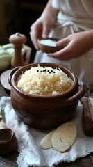 Chef adding salt to sauerkraut in ceramic pot