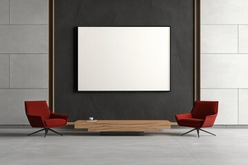 Stylish Living Room Interior with Red Armchairs and Wooden Table - Mockup Poster Art - 3D Rendering