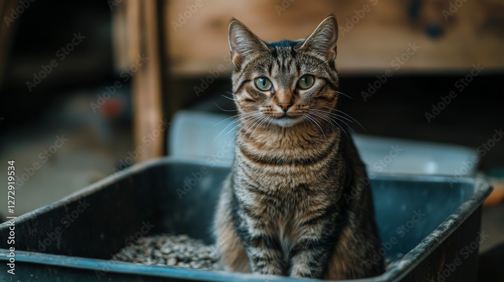 Aufkleber a charming image of a cat sitting beside a litter box, with a slightly confused expression, showcasi