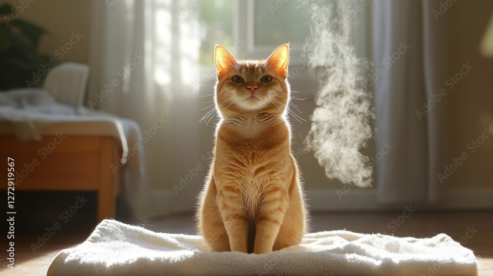 Poster A charming image of a cat sitting on a towel with a satisfied expression after its bath, with steam rising in the background, creating a cozy atmosphere.