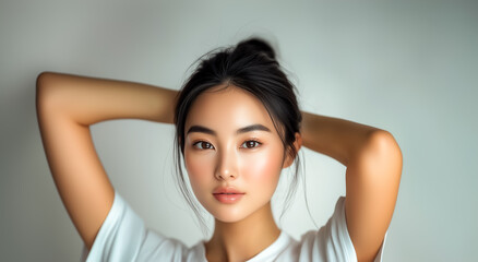 Obraz premium Portrait of a young woman with a serene expression in a minimalistic setting.