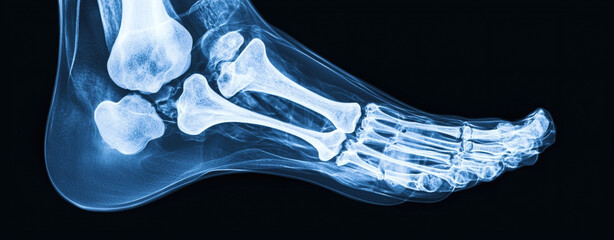 Artificial intelligence in medical detection. X ray image of human foot showing bones and potential injury detection