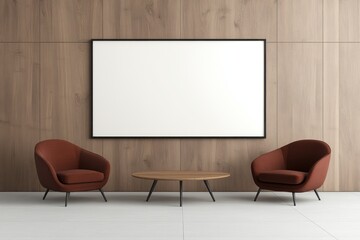 Stylish Living Room Interior with Red Armchairs and Wooden Table - Mockup Poster Art - 3D Rendering